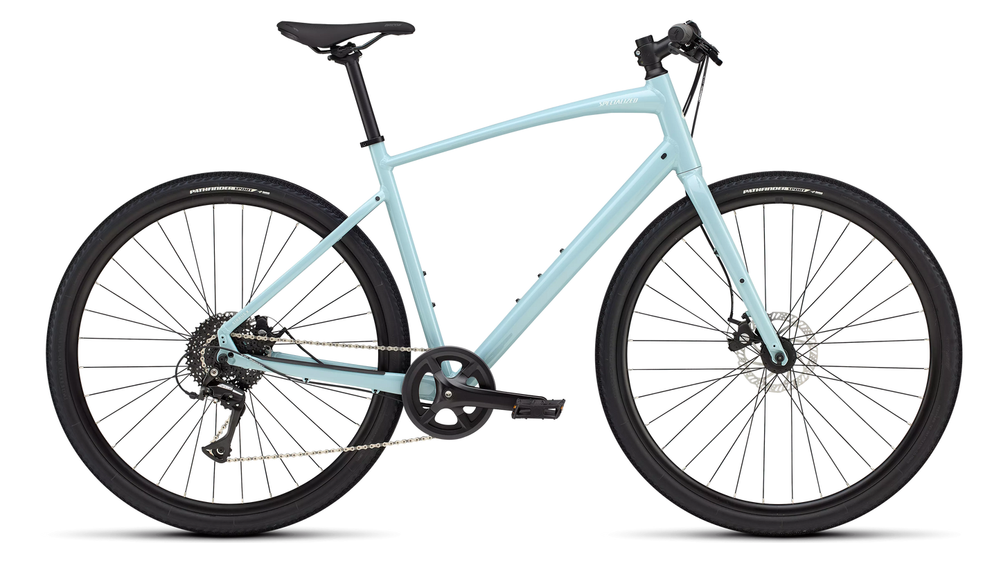 Light blue Specialized X1 hybrid bike with disc brakes and Pathfinder tires.